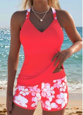 Orange Mid Waisted Two-piece Floral Print Tankini Set