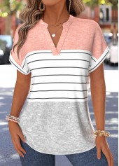 Pink Striped Patchwork Short Sleeve Split Neck Blouse