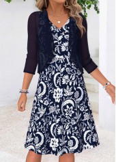 Navy Tribal Print Two-piece Short Sleeve Dress and Cardigan