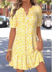 Yellow Floral Print Short Shirred Half Sleeve Dress