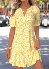 Yellow Floral Print Short Shirred Half Sleeve Dress | thumb picture 