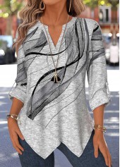 Light Grey Marl Geometric Print Patchwork 3/4 Sleeve Blouse