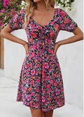 Multi Color Floral Print Short Shirred Heart Collar Dress | thumb picture 