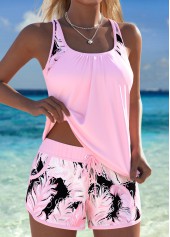 Light Pink Mid Waisted Patchwork Feathers Print Tankini Set | thumb picture 