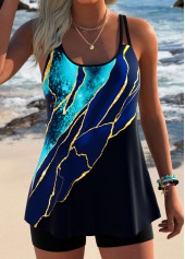 Blue Tummy Coverage Marble Print Tankini Top-No Bottom
