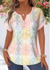Multi Color Geometric Print Tummy Coverage Short Sleeve Blouse