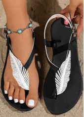 Black Feathers Print Open Toe Falt