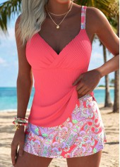 Coral Mid Waisted Tummy Coverage Paisley Print Tankini Set