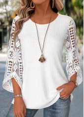 White Patchwork 3/4 Sleeve Round Neck Blouse