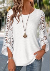 White Patchwork 3/4 Sleeve Round Neck Blouse | thumb picture 