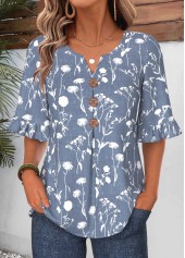 Blue Leaf Print Frill Half Sleeve Split Neck Blouse