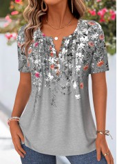Grey Floral Print Tuck Stitch Short Sleeve T Shirt