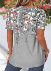Grey Floral Print Tuck Stitch Short Sleeve T Shirt | thumb picture 