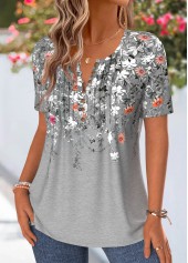 Grey Floral Print Tuck Stitch Short Sleeve T Shirt | thumb picture 
