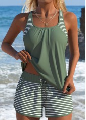 Tummy Coverage Mid Waisted Striped Green Tankini Set