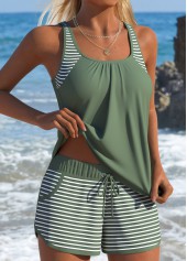 Tummy Coverage Mid Waisted Striped Green Tankini Set | thumb picture 