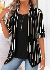 Black Geometric Print 3/4 Sleeve Fake Two Piece Twinset