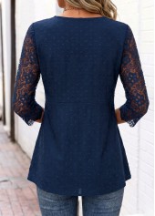 Navy Curved Hem Long Sleeve V Neck Blouse | thumb picture 