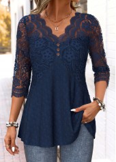 Navy Curved Hem Long Sleeve V Neck Blouse | thumb picture 