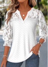 White Patchwork 3/4 Sleeve Split Neck Blouse