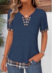 Navy Plaid Fake 2in1 Short Sleeve T Shirt