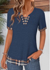 Navy Plaid Fake 2in1 Short Sleeve T Shirt | thumb picture 
