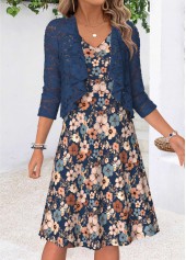 Multi Color Floral Print Two-piece Dress and Cardigan