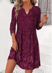 Wine Red Random Floral Print Short Tuck Stitch Dress