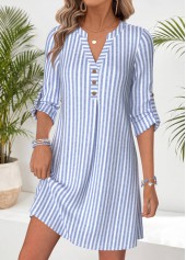 Blue Striped Short Tummy Coverage Long Sleeve Dress