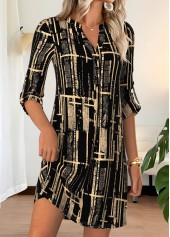 Black Geometric Print Short Half Sleeve Split Neck Dress | thumb picture 
