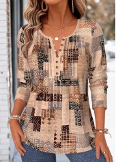 Light Coffee Tribal Print Tuck Stitch T Shirt