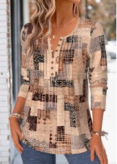 Light Coffee Tribal Print Tuck Stitch T Shirt | thumb picture 