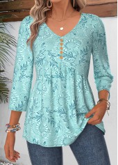 Cyan Paisley Print Curved Hem 3/4 Sleeve Blouse