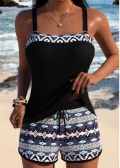 Black Mid Waisted Tribal Print Tankini Set