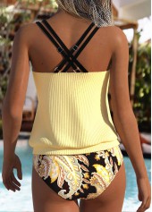 Light Yellow Mid Waisted Drawstring Paisley Print Tankini Set | thumb picture 