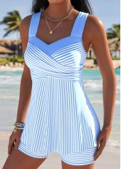 Light Blue Mid Waisted Surplice Striped Tankini Set