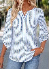 Blue Striped Curved Hem 3/4 Sleeve Split Neck Blouse