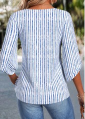 Blue Striped Curved Hem 3/4 Sleeve Split Neck Blouse | thumb picture 
