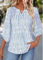 Blue Striped Curved Hem 3/4 Sleeve Split Neck Blouse | thumb picture 