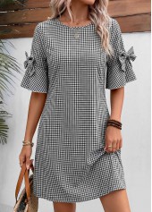 Multi Color Plaid Short Bowknot Half Sleeve Dress