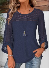 Navy Patchwork 3/4 Sleeve Round Neck Blouse
