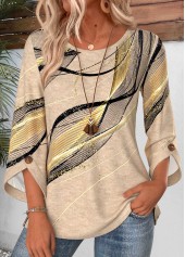 Light Camel Geometric Print Button 3/4 Sleeve Blouse
