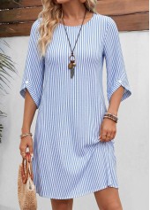 Light Blue Striped Short Tummy Coverage 3/4 Sleeve Dress
