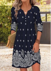 Navy Tribal Print Short Patchwork Long Sleeve Dress