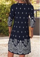 Navy Tribal Print Short Patchwork Long Sleeve Dress | thumb picture 