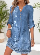 Blue Tribal Print Short Tummy Coverage Long Sleeve Dress | thumb picture 