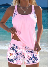 Light Pink Mid Waisted Drawstring Floral Print Tankini Set