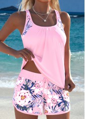 Light Pink Mid Waisted Drawstring Floral Print Tankini Set | thumb picture 