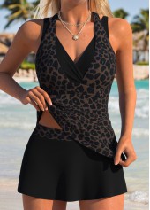 Black Mid Waisted Fake 2in1 Leopard Tankini Set