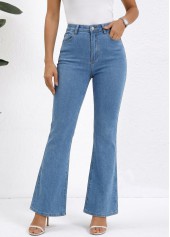 Denim Blue Flare Leg Zipper Fly High Waisted Jeans